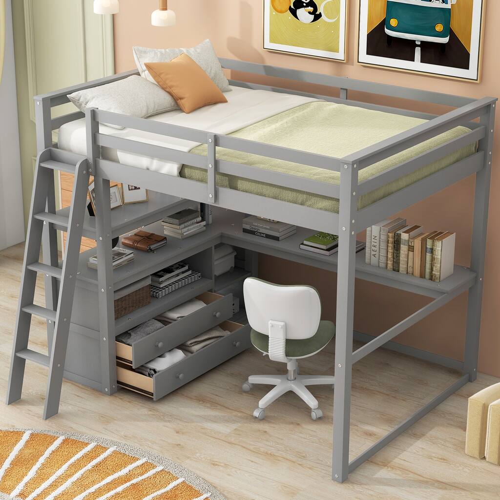 Gray Modern Pine Wood Loft Bed with Desk, Shelves, and Two Built-in Drawers