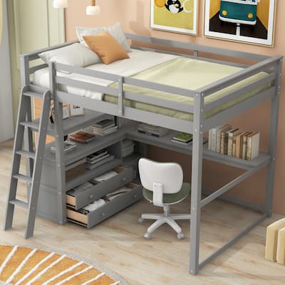 Loft Bed with Desk and Shelves, Two Built-in Drawers