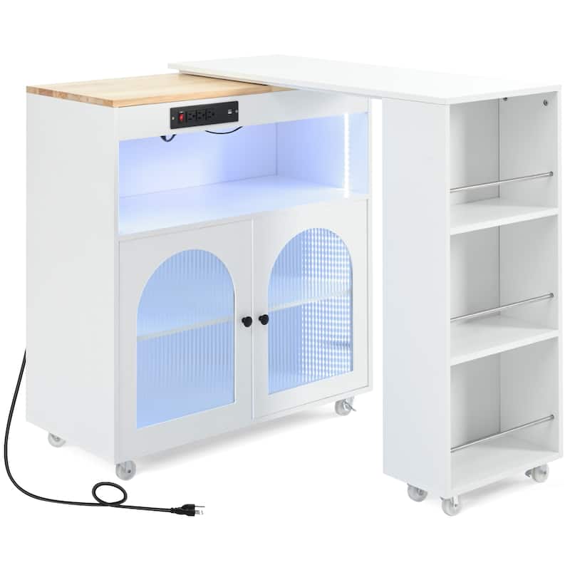 Wooden Kitchen Island with Rollers Storage Cabinet, Side Open Shelves, LED Lights, Power Outlets and 2 Fluted Glass Doors