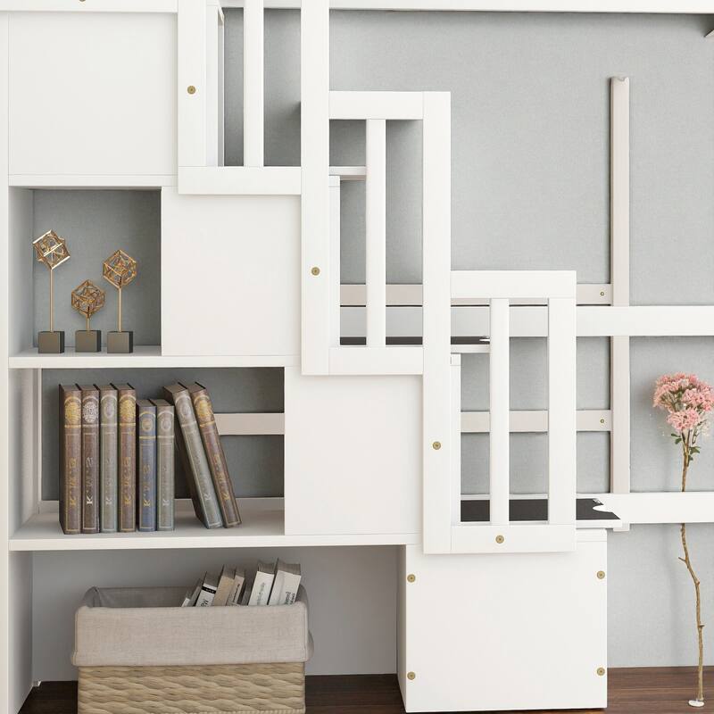 Full Size Wooden Loft Bed with Desk, Storage Shelves, and Staircase, Solid Pine Frame with Guardrails