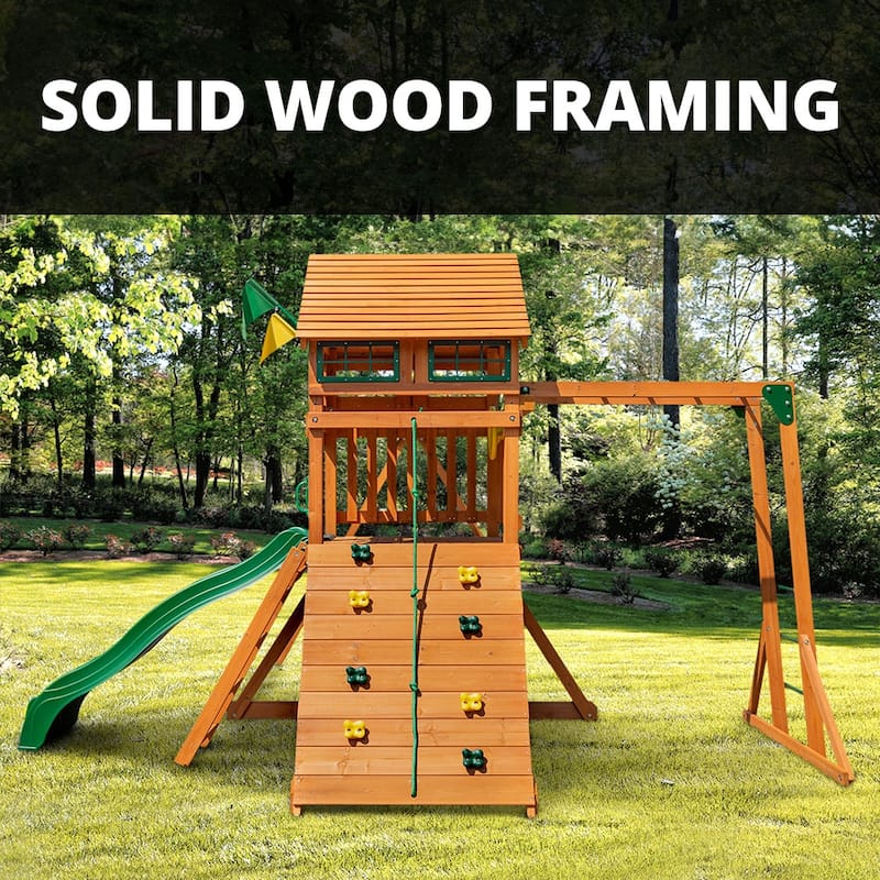 Gorilla Playsets Avalon Wooden Swing Set with Wood Roof and Monkey Bars - Amber