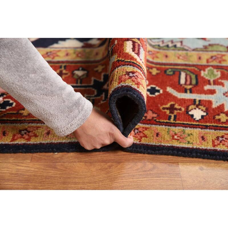Blues & Orange Heriz Serapi Indian Area Rug Hand-Knotted Wool Carpet - 8'11"x 11'10"