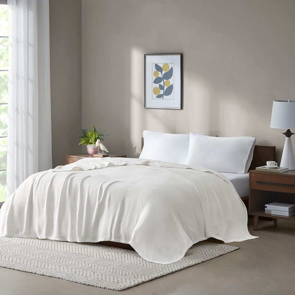 Madison Park Freshspun Basketweave 100% Cotton Lightweight Cozy Blanket