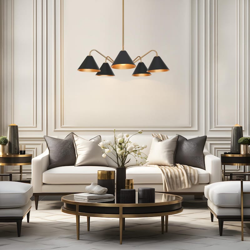 Modern Industrial 5-Light Black Gold Chandelier Metal Wheel Pendant Lights for Dining Room - 27" D x 6.5" H