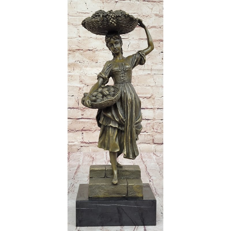 Girl Carrying Basket Of Fruit - Hot Cast Bronze Original Sculpture On Marble Base