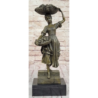 Girl Carrying Basket Of Fruit - Hot Cast Bronze Original Sculpture On Marble Base