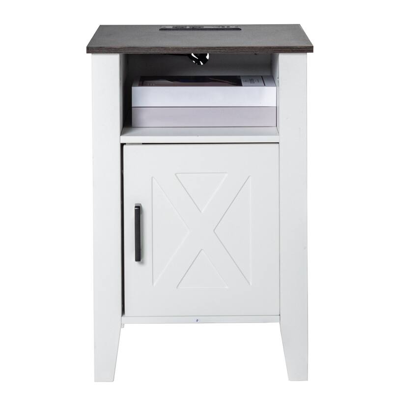 White Wood Farmhouse End Table Set od 2 with Sliding Doors and Charging Station - 24.06” L x 15.98” W x 15.98” H