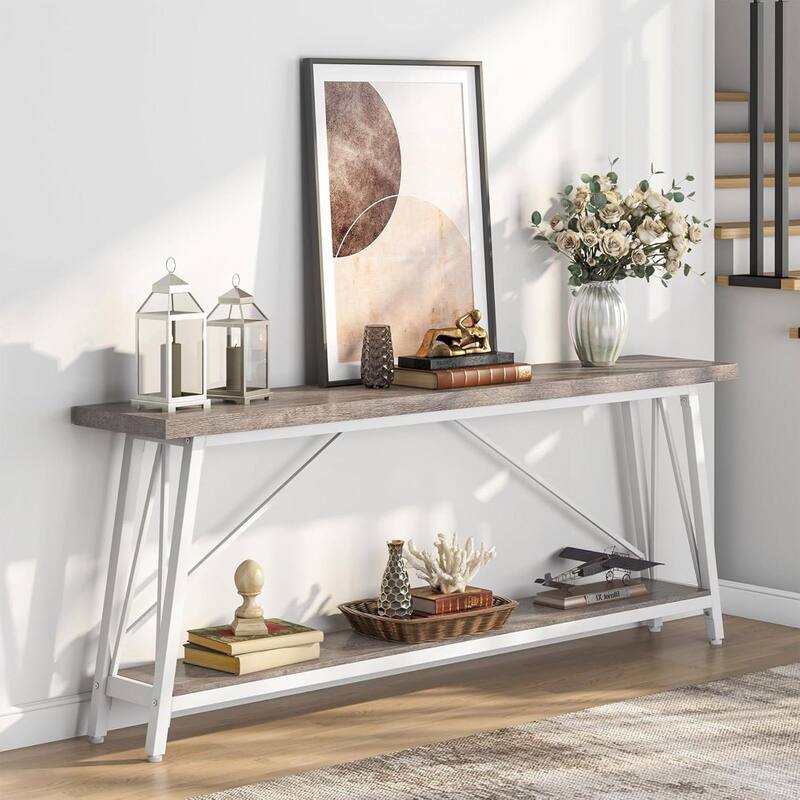 Heavy Duty 70-inch Industrial Brown Wood Top Sofa Table with White Metal Frame