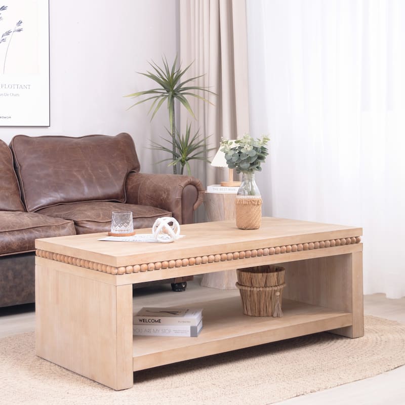 47 inch Modern Black Coffee Table Beaded Trim Rectangular Open Storage Shelf Living Room - Natural