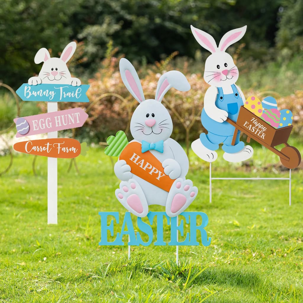Glitzhome Happy Easter Bunny Carrot Yard Stakes Wall Decor Lawn Walkway Signs