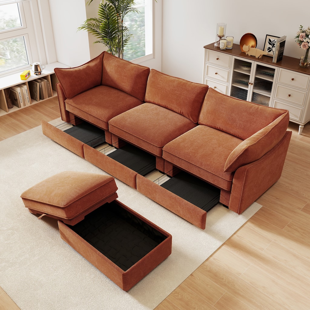 GDFStudio - Chenille L-Shaped 3-Seater 112.6" Sectional Sofa with Ottoman
