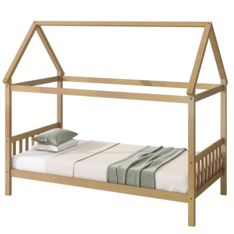 House-Shaped Twin Bed with Headboard & Footboard, Rubber Wood Frame, White Oak Finish