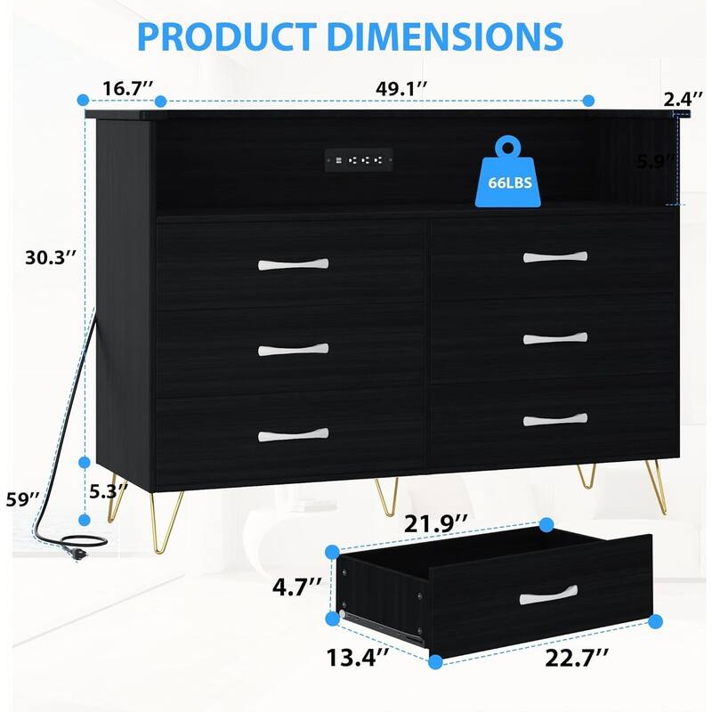 Takywep Black Dresser with LED Light for Bedroom 6 Drawer