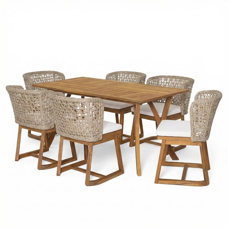 Christopher Knight Home - Bayhaven Outdoor Acacia Wood 7-Piece Dining Set with Wicker Armchairs and Cushions