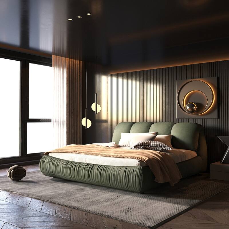 Queen/King Size Upholstered Platform Bed with Oversized Padded Backrest, Low Profile Bed Frame Floor Bed with Thickening Slats - Green - Queen