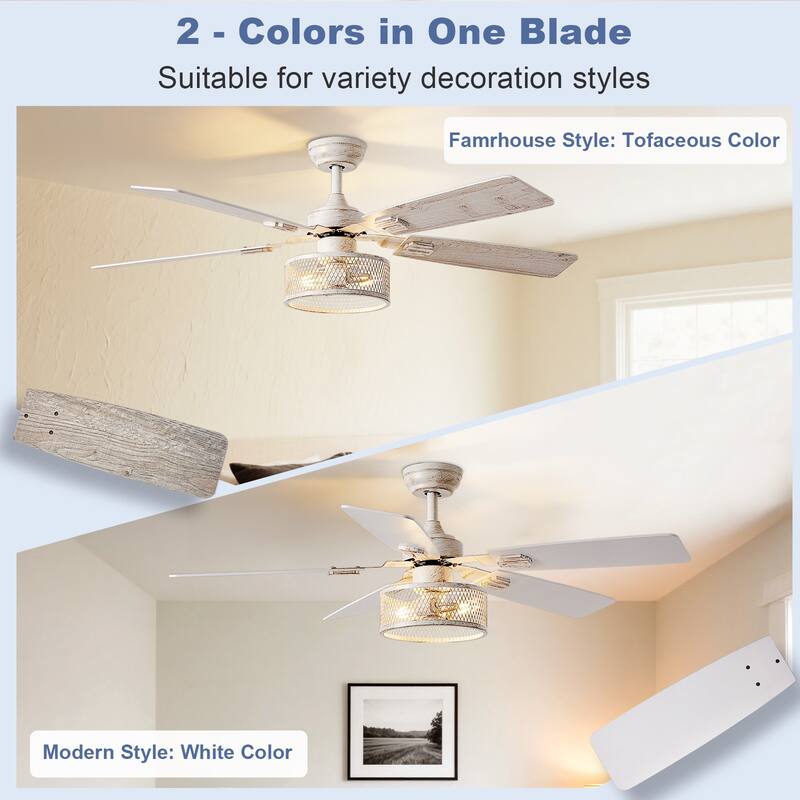 42-52Inch Caged Ceiling Fans with Lights: Dual Finish 5 Blades - Rustic with Remote Control (E26 Bulb Included)