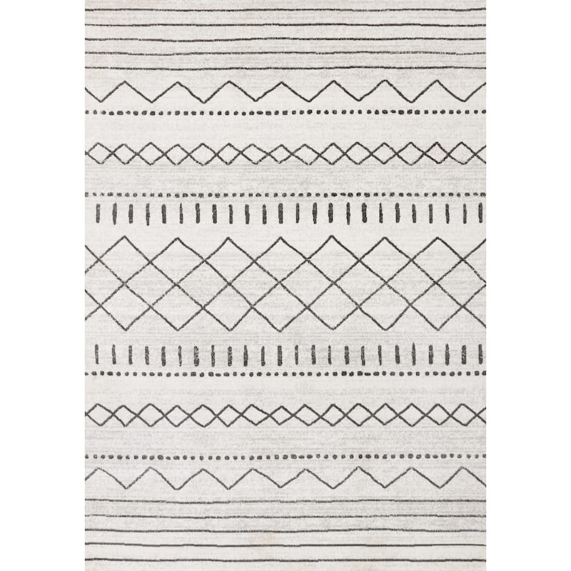 Washable Grey White Neutral Tribal Patterned Area Rug