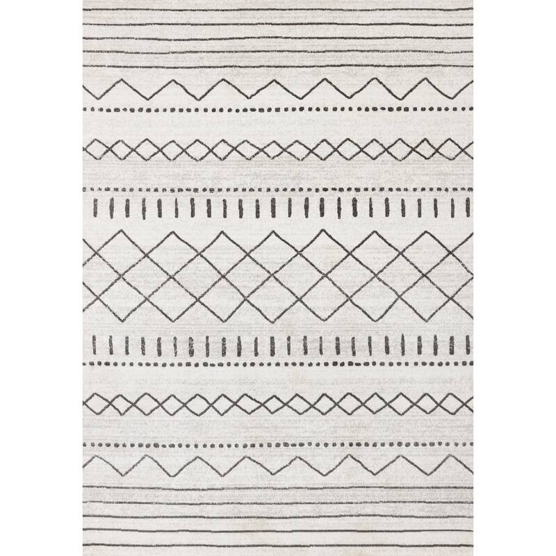 Washable Grey White Neutral Tribal Patterned Area Rug