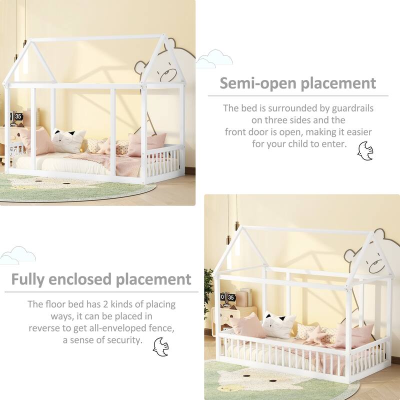 Twin/Full Size Floor Bed with Wooden House Roof Frame and Safety Guardrails for Children's Bedrooms, Small Space