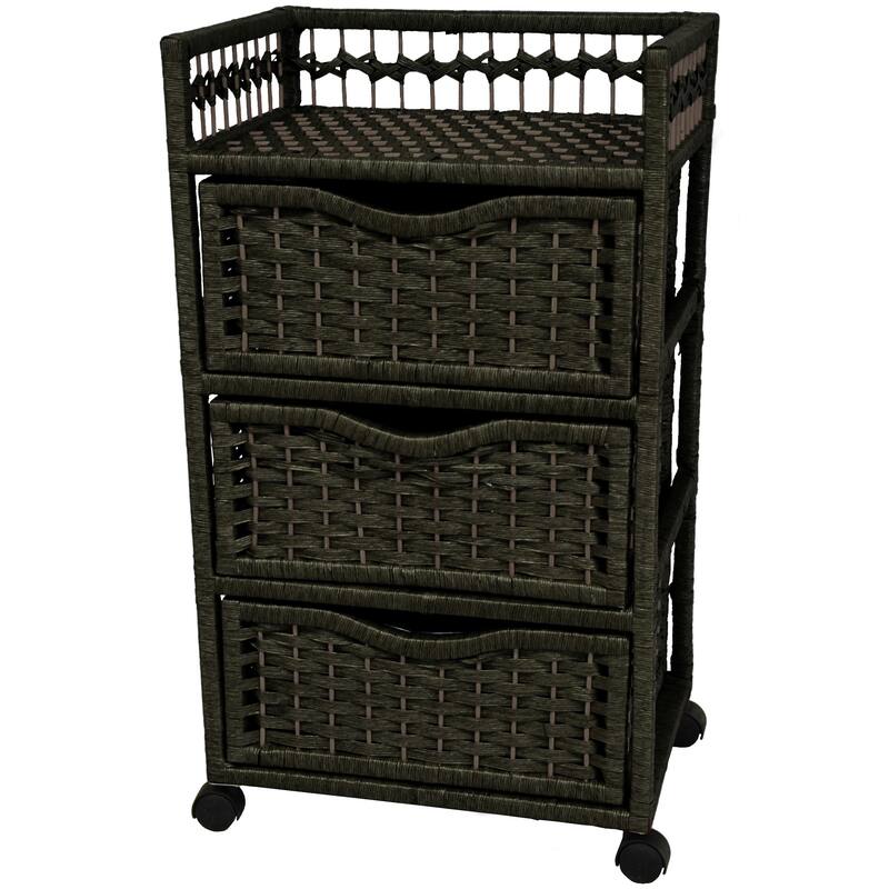 Handmade Natural Fiber Wheeled 3-Drawer Chest - 17.25"W x 12.50"D x 30.50"H - Black - Rustic/Farmhouse