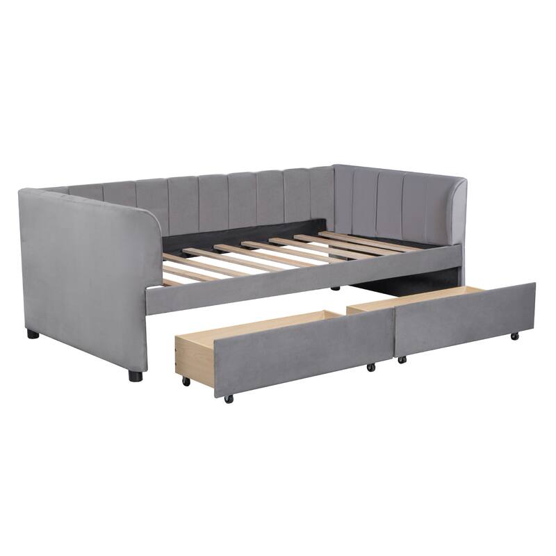 Twin Upholstered Daybed with Stripe Headboard, Ergonomic Backrest, and 2 Storage Drawers, Ideal for Stylish Bedrooms