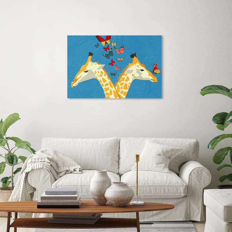 Wynwood Studio Canvas Animals Giraffes and Butterflies Blue and Modern & Contemporary Wall Art Canvas Print - 20 x 30