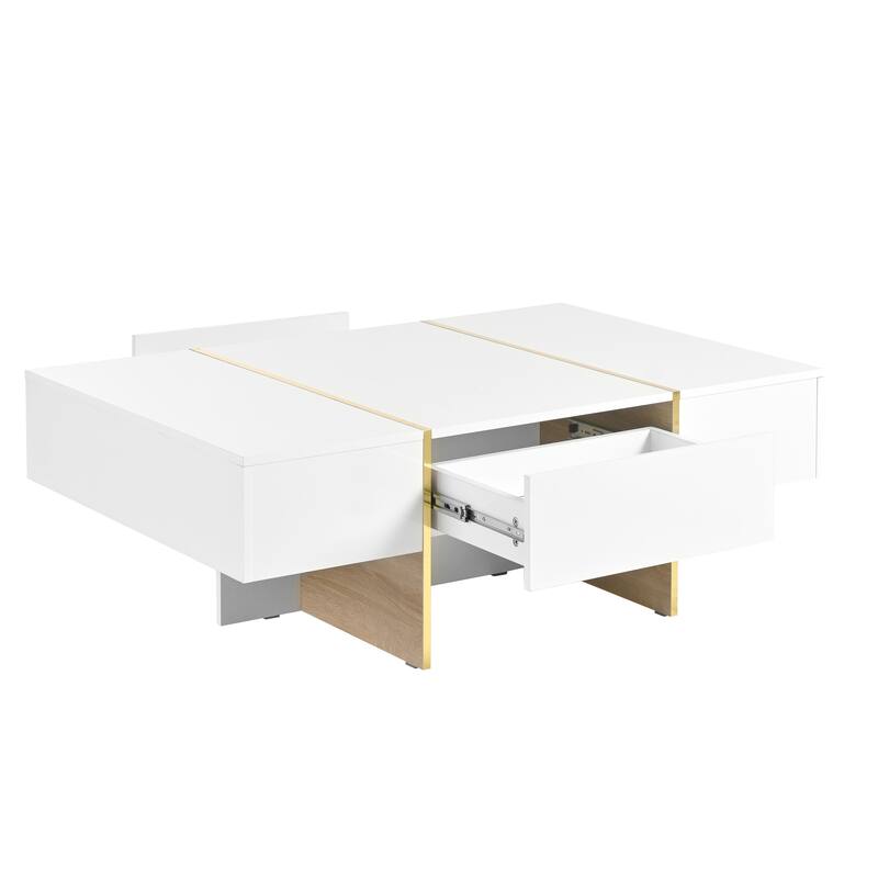 47.2" High Glossy Coffee Table with 2 Drawers and Golden Wood Grain Legs