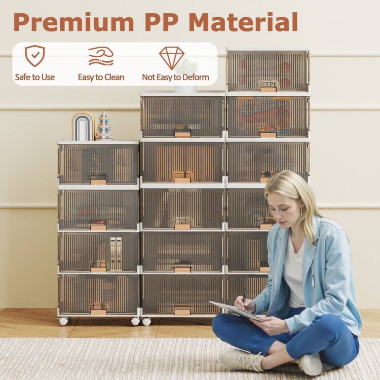 White-Brown PP and ABS Stackable Storage Bin with Wheels, Foldable Cubes