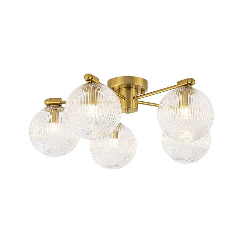 22 in. 5-Light Modern Brass Clear Ribbed Glass Globe Semi-Flush Mount Ceiling Light - 22.05 in. diameter x 8.66 in. height