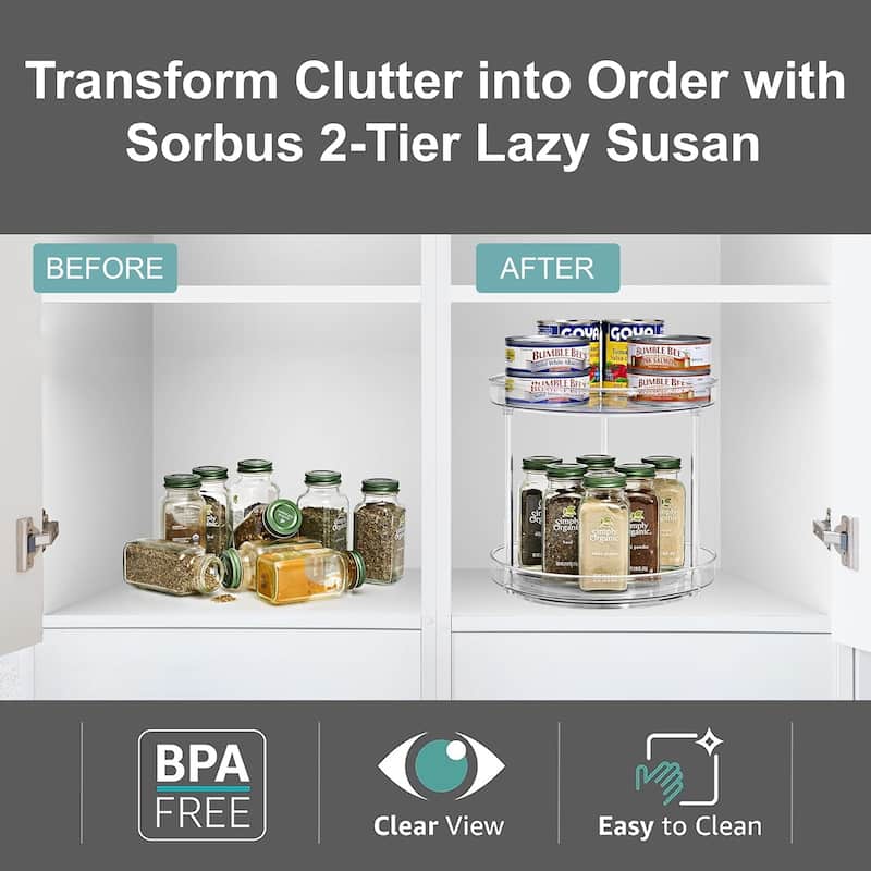 Sorbus 9 Inch 2 Tier Clear Lazy Susan Organizer Rotating Turntable for Refrigerator Pantry Cabinet Table Makeup Bathroom - 2 Pk