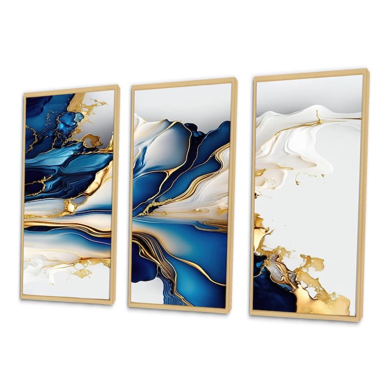 Designart "Abstract Geode Gold And Blue Marble Shape III" Modern Geometric Framed Canvas Art Print - 3 Panels