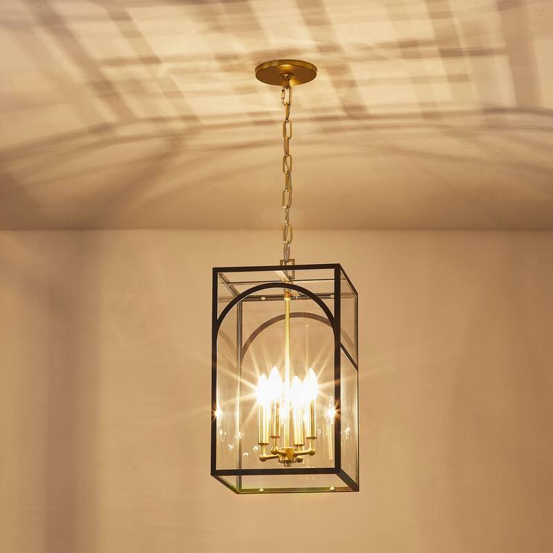 4-Light Mid-Century Modern Rectangular Lantern Candle Clear Glass Chandelier Kitchen Island Lighting