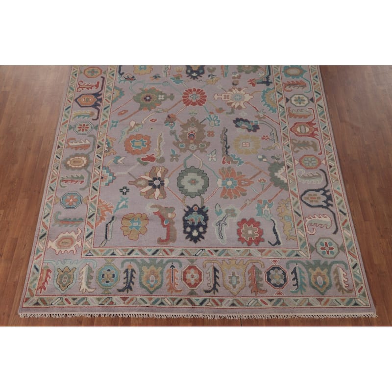 Floral Purple Oushak Area Rug Handmade Wool Carpet - 8'1"x 9'11"