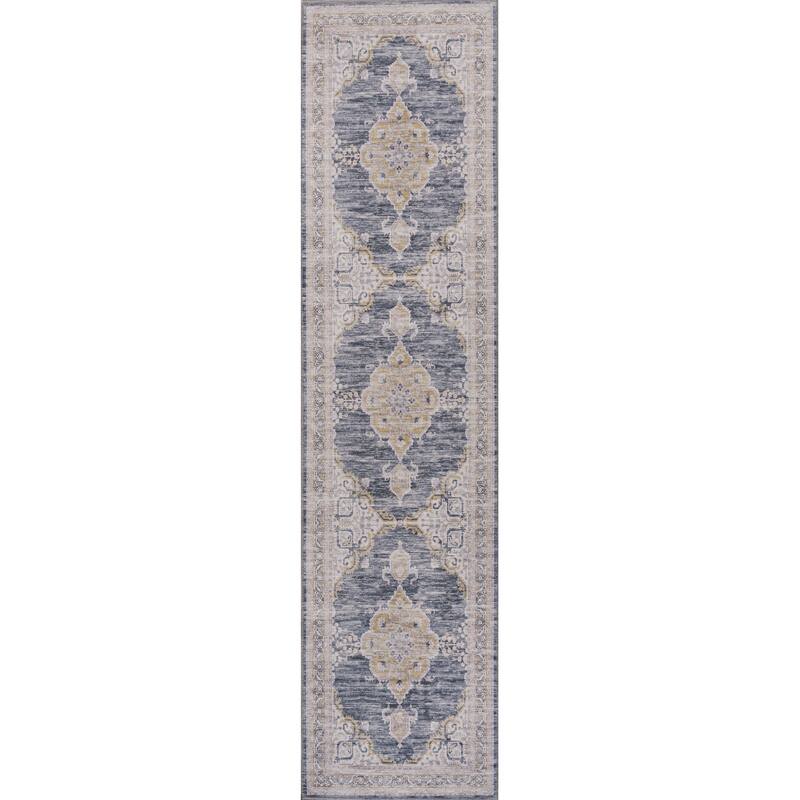 JONATHAN Y Chapell Cottage Medallion Machine-Washable Area Rug - 2 X 8 - Dark Gray/Yellow