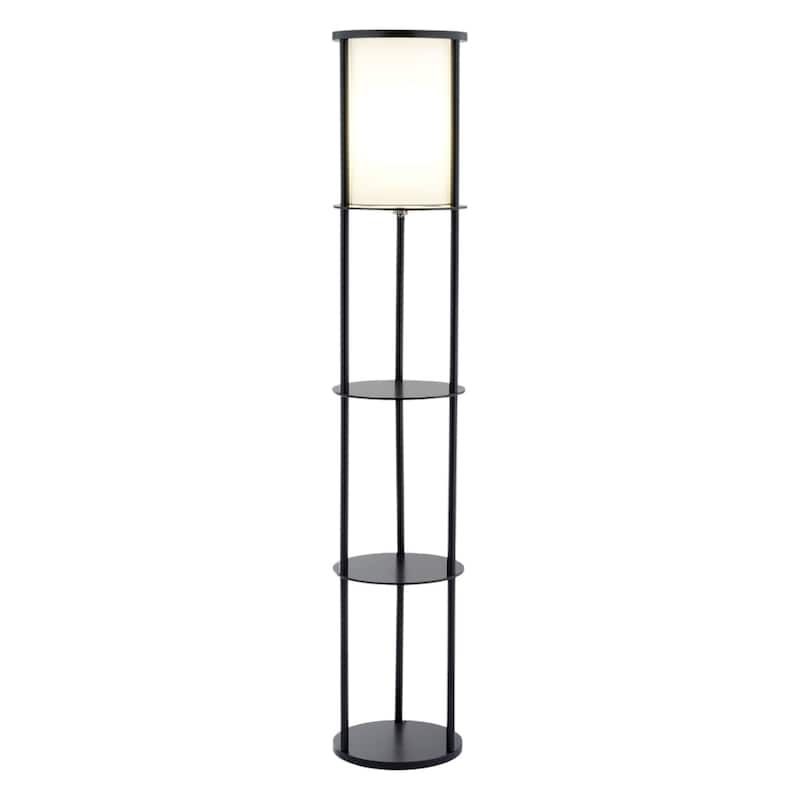 Black Wood Column Floor Lamp with Fabric Shade and Pull Chain 63 Inches - 11.5” x 11.5” x 62.5” (D x W x H) - Black