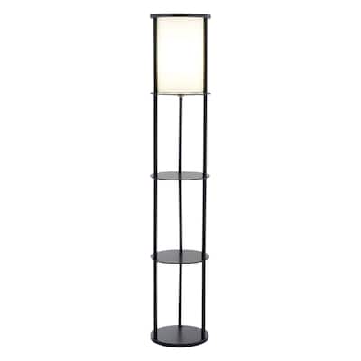 Black Wood Column Floor Lamp with Fabric Shade and Pull Chain 63 Inches - 11.5” x 11.5” x 62.5” (D x W x H)