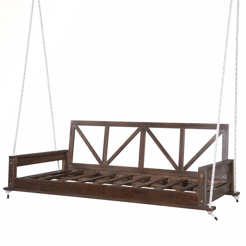 Durable Acacia Wood Twin Size Patio Swing Bed with High Backrest and 16.4ft Hemp Ropes