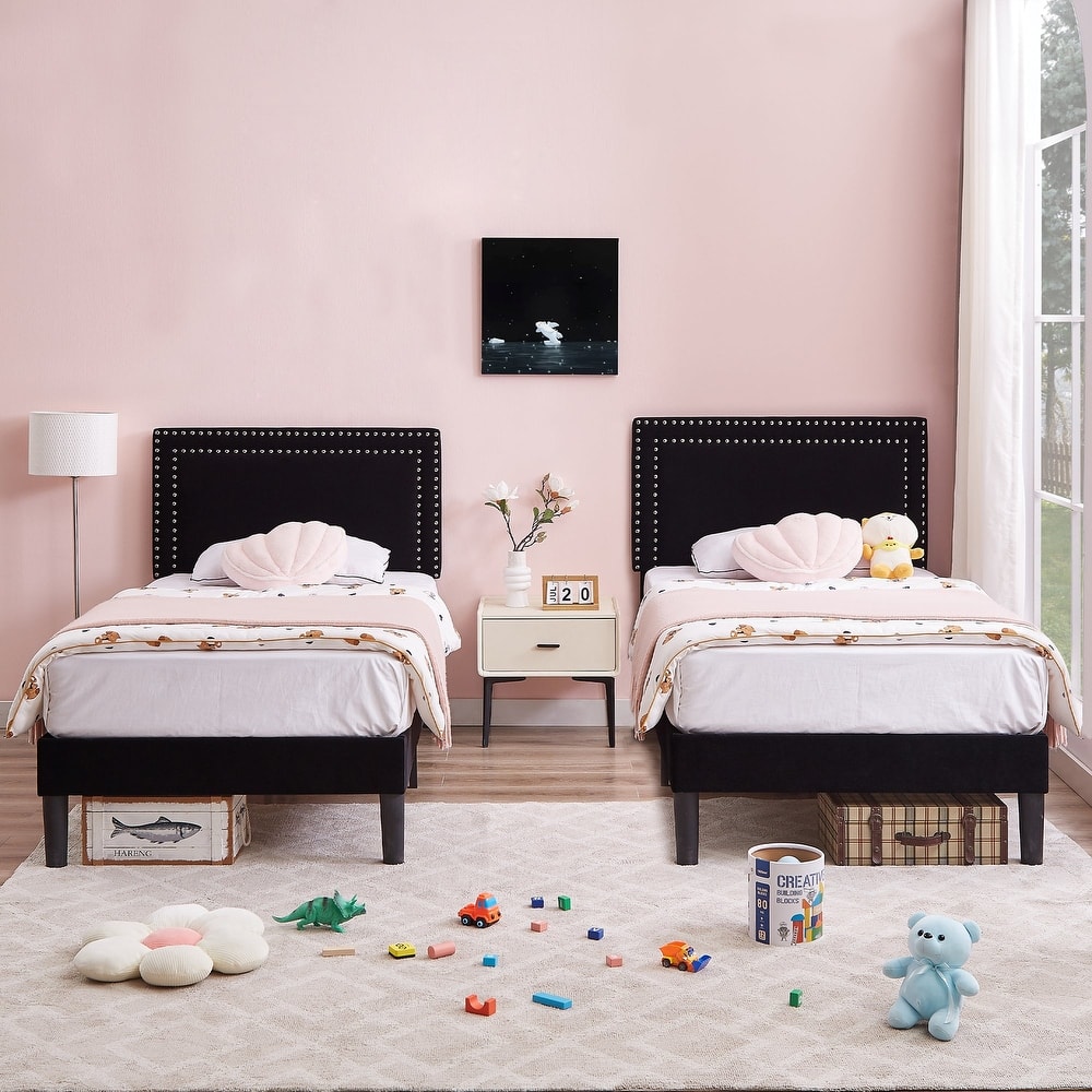 VECELO Twin Size Kids Beds Set of 2 Adjustable Headboard Soft Upholstered Headboard with Rivet Detail 8" Underbed Storage