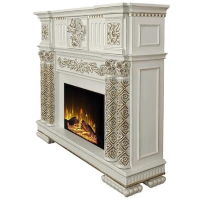 Jess 59 Inch Classical Electric Fireplace, Carved, Remote, Pearl White