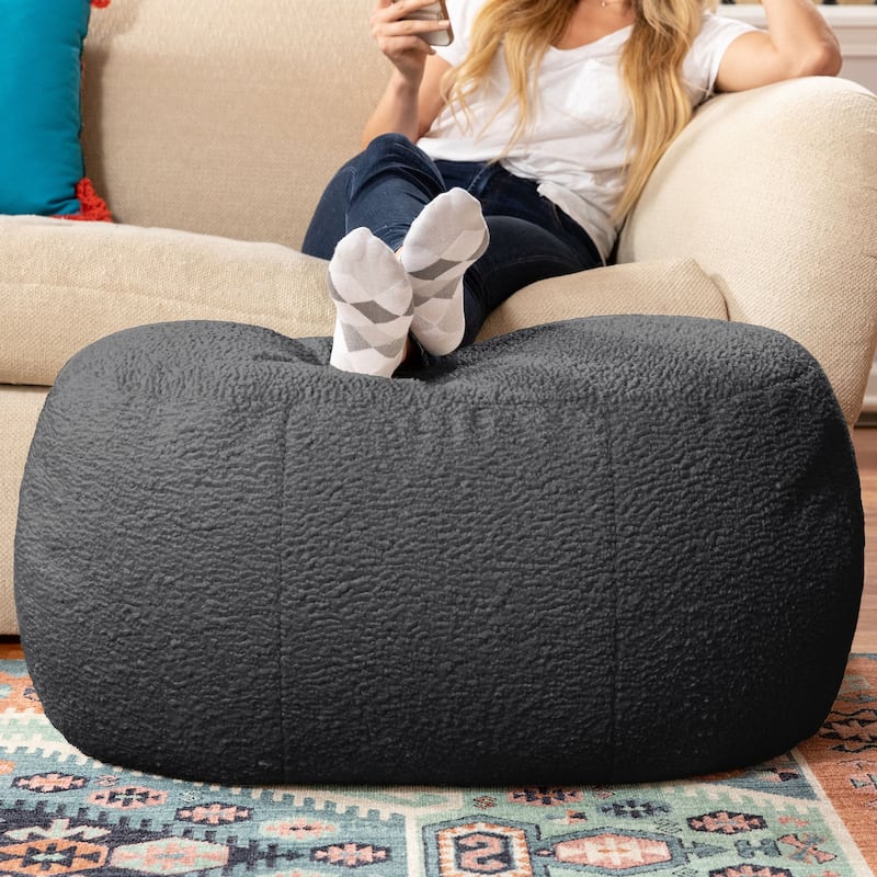 Jaxx Ellis Pouf - Modern Shearling Faux-Lamb Plush Fleece Ottoman - Oval - Black