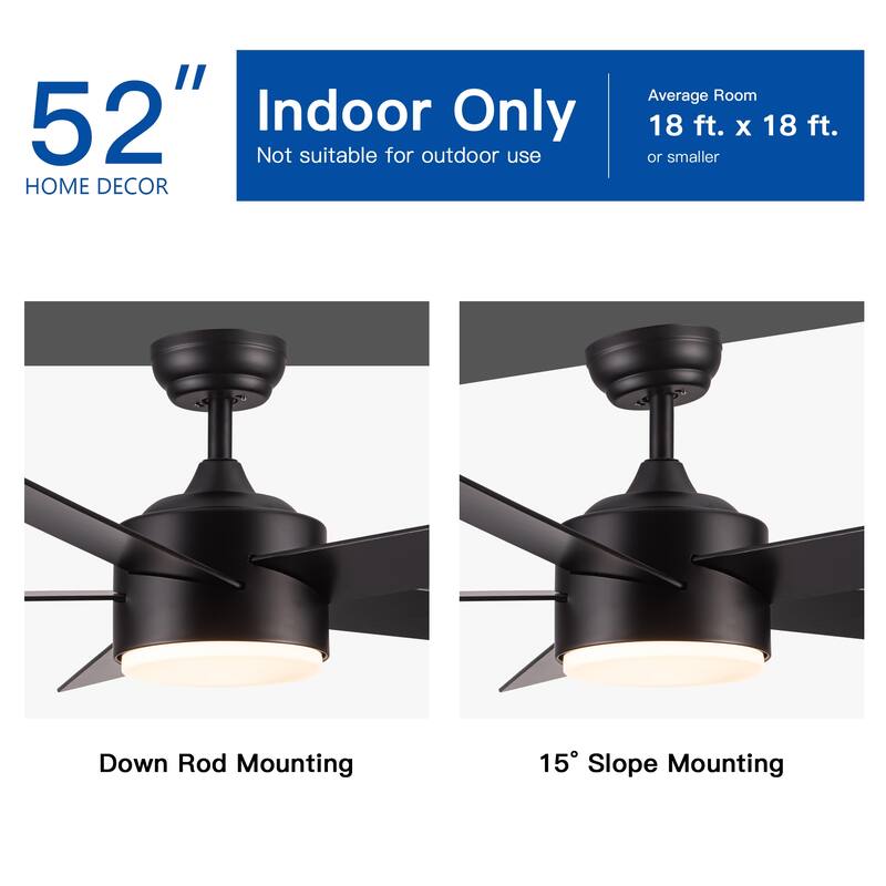 52 in.Outdoor Integrated Light Kit Glam Matte Black Ceiling Fan with 5 Revesible Plywood Blades, Remote Control - 52 INCHES
