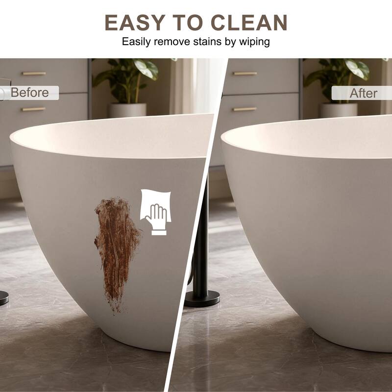 Luxury Solid Surface Freestanding Soaking Bathtub with Center Drain and Pop-up Drain, Modern Beige Tub with Overflow