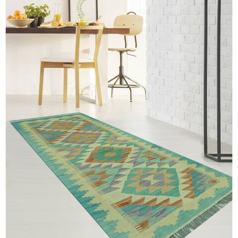 Hand-Woven Sun Faded Kilim Aysel Lt. Blue/Orange Runner - 1'11" x 5'9"