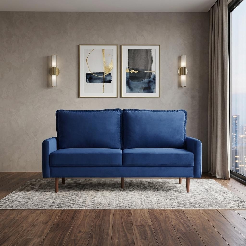 HomeRoots 69" Blue Velvet Sofa With Dark Brown Legs