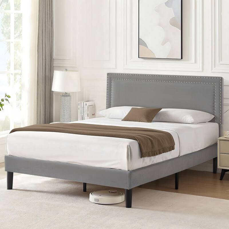 VECELO Upholstered Bed Frames with Height Adjustable Headboard