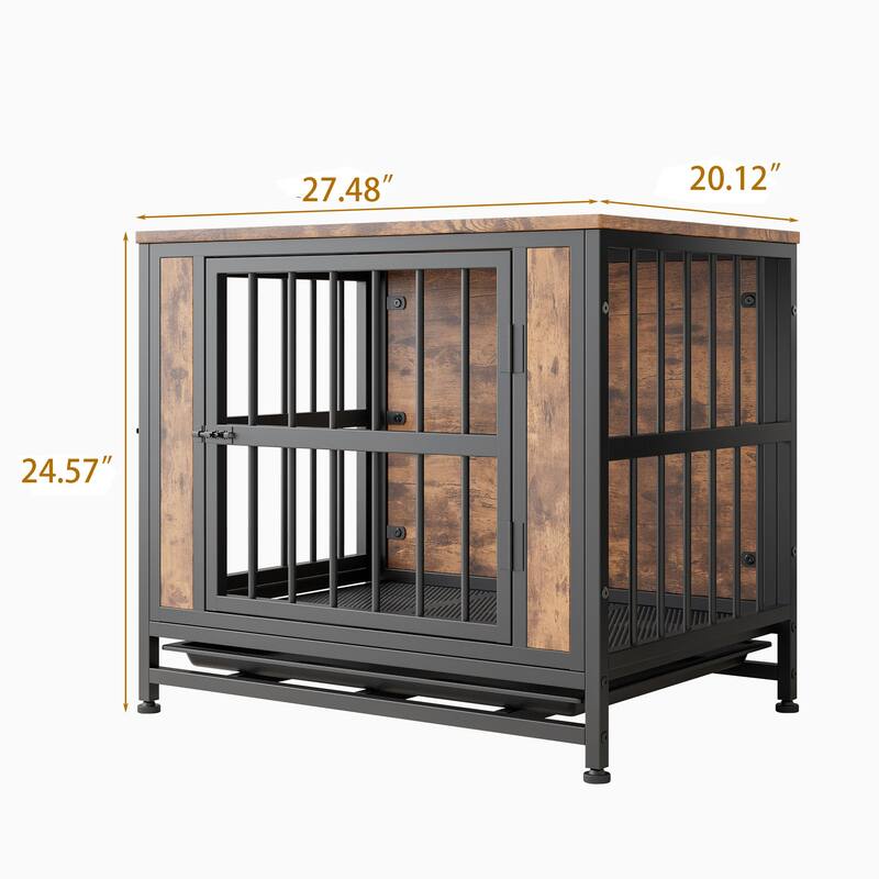 Dog Crate Furniture, Wooden Dog Crate Table, 27.48" Dog Kennel with 2 Sliding Doors and Thick Iron Door Frame, for Small Dog