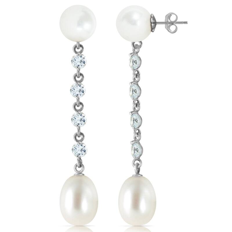 14K Solid Gold Chandelier Gemstone Earrings w/ Aquamarine & Pearl - White