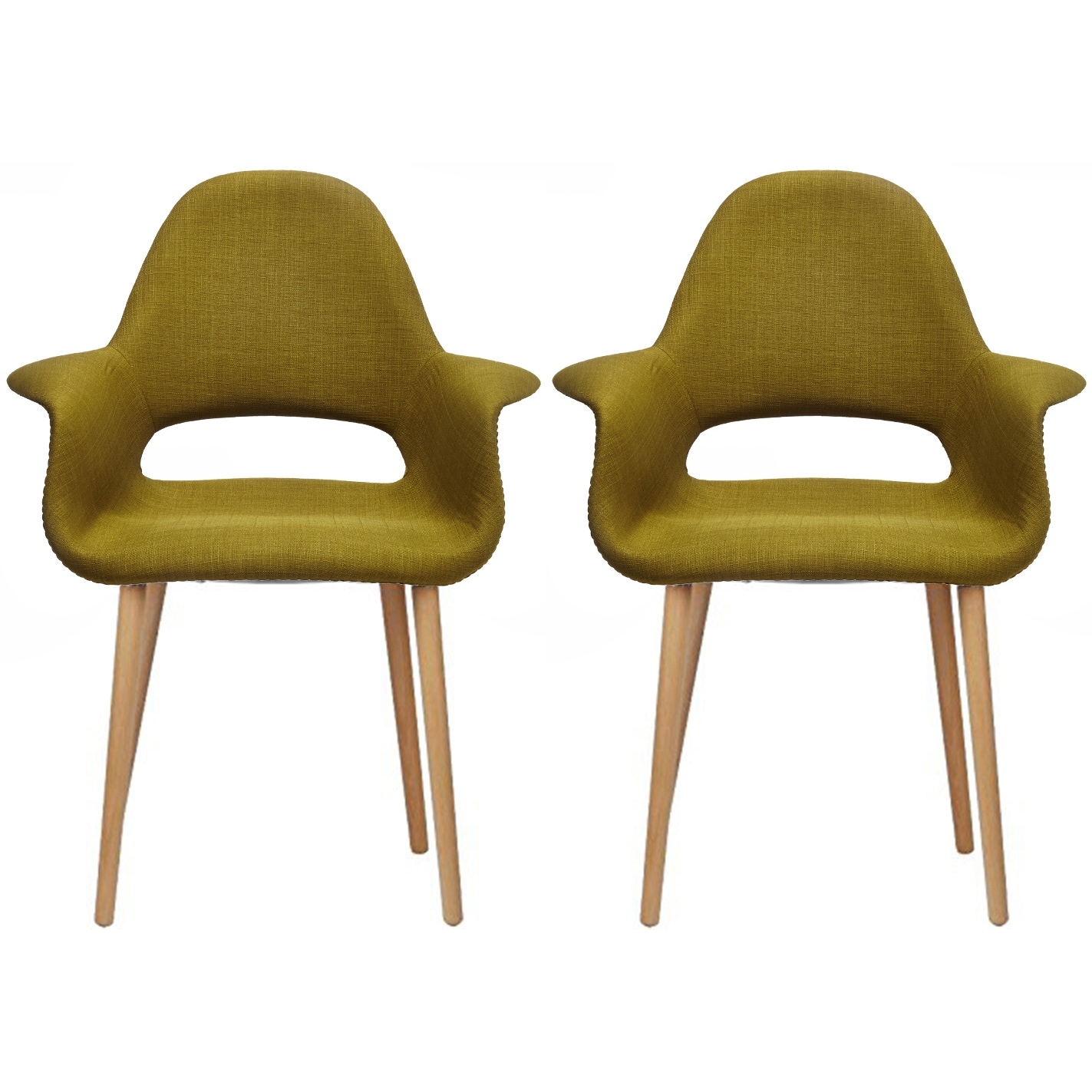 Set of 2 Upholstered Fabric Armchairs with Natural Wooden Legs for Dining Room Office or Accent Chair, Green