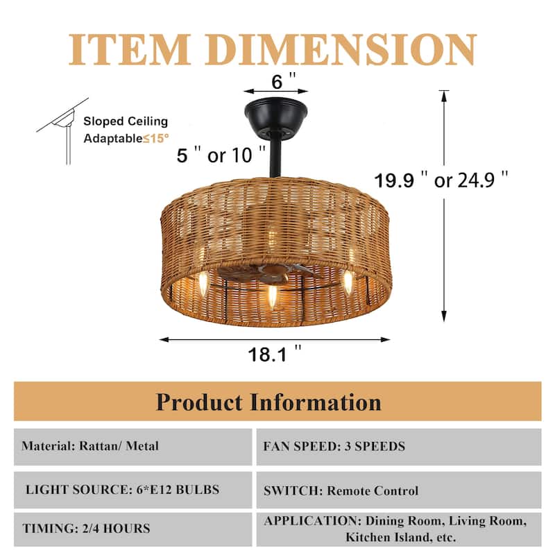 Cusp Barn 18'' Boho Caged Ceiling Fan with Remote Control, Farmhouse Rattan Fandelier, 3 Speeds Enclosed 6-Light Fan for Bedroom