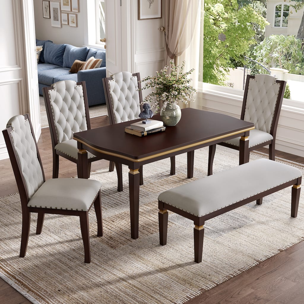 6-Piece Dining Table Set with Dining Chairs and Padded Seat Bench